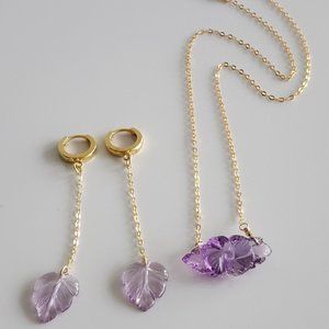 Handmade 🌿 Amethyst Necklace and Earrings, Natural Carved, 925 Sterling Silver
